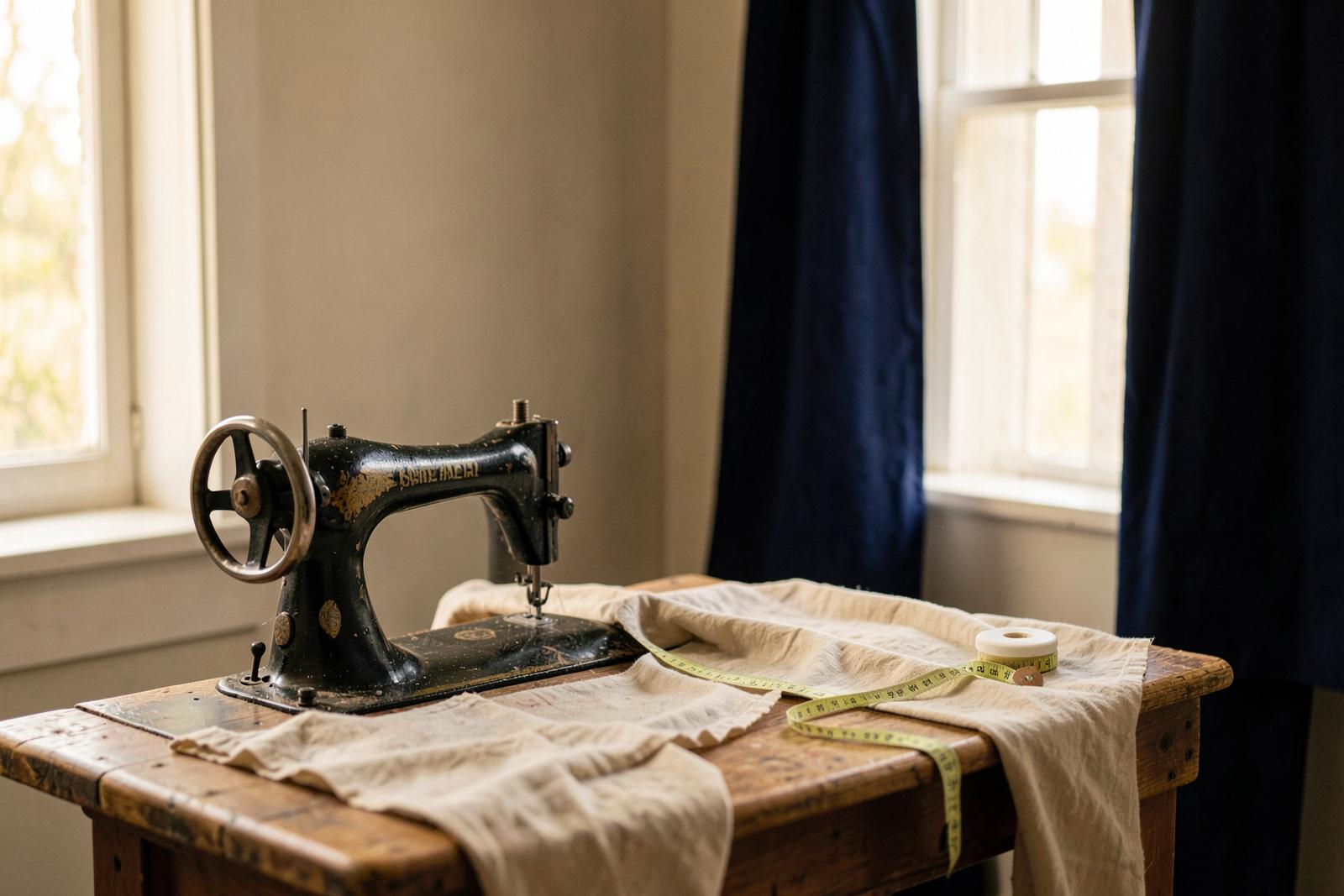 Nähmaschine auf dem Arbeitstisch im Atelier, mit Leinenstoff und Massband