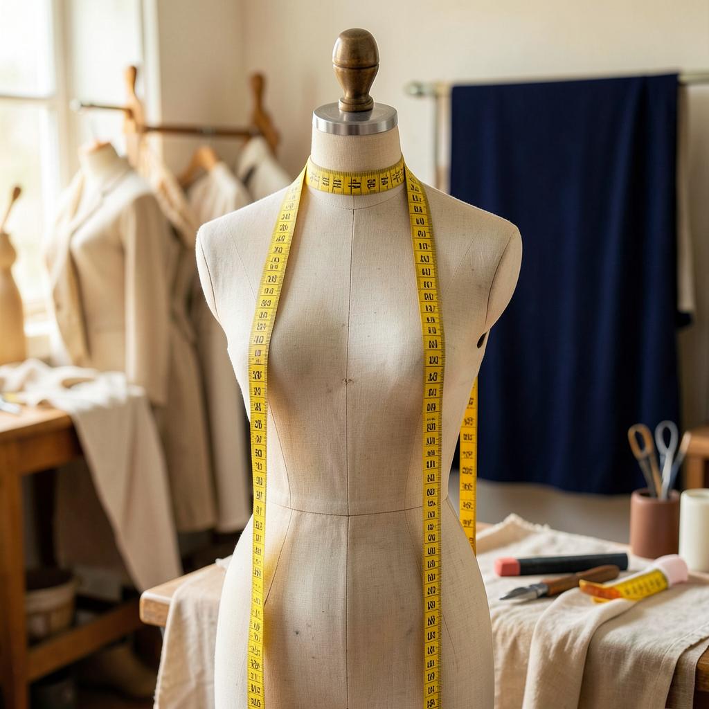 Schneiderbüste mit gelbem Massband im Atelier